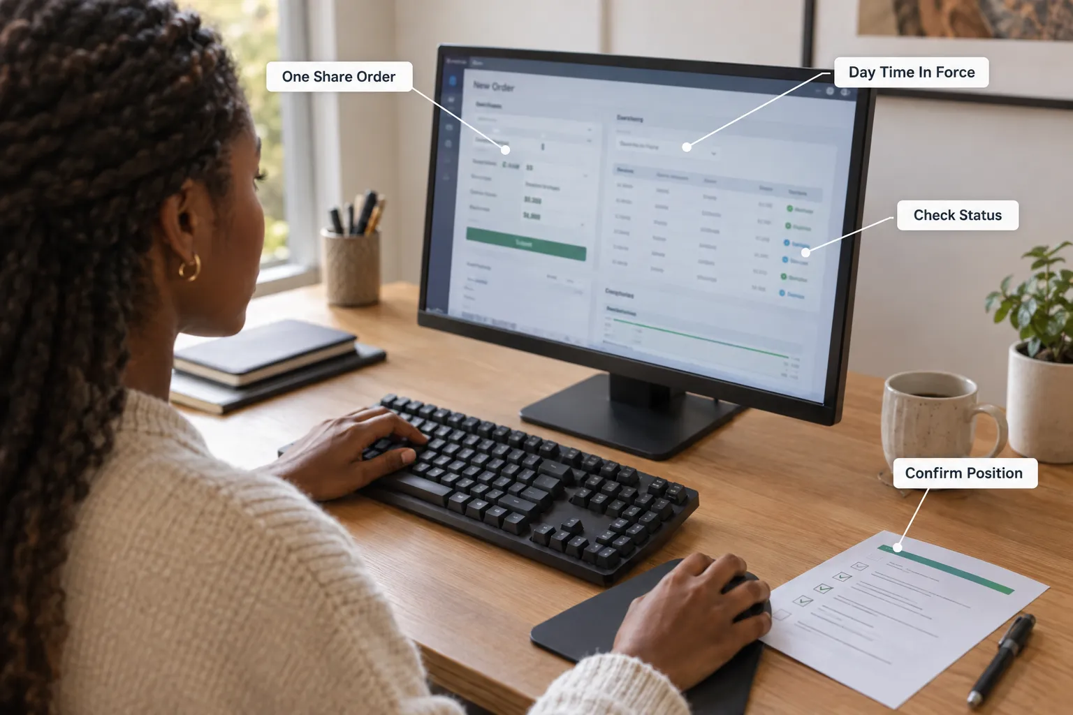 A trader at a desktop monitor fills in a new order screen, with callouts marking a one share order, day time in force, the status check and the position confirmation on a printed checklist.