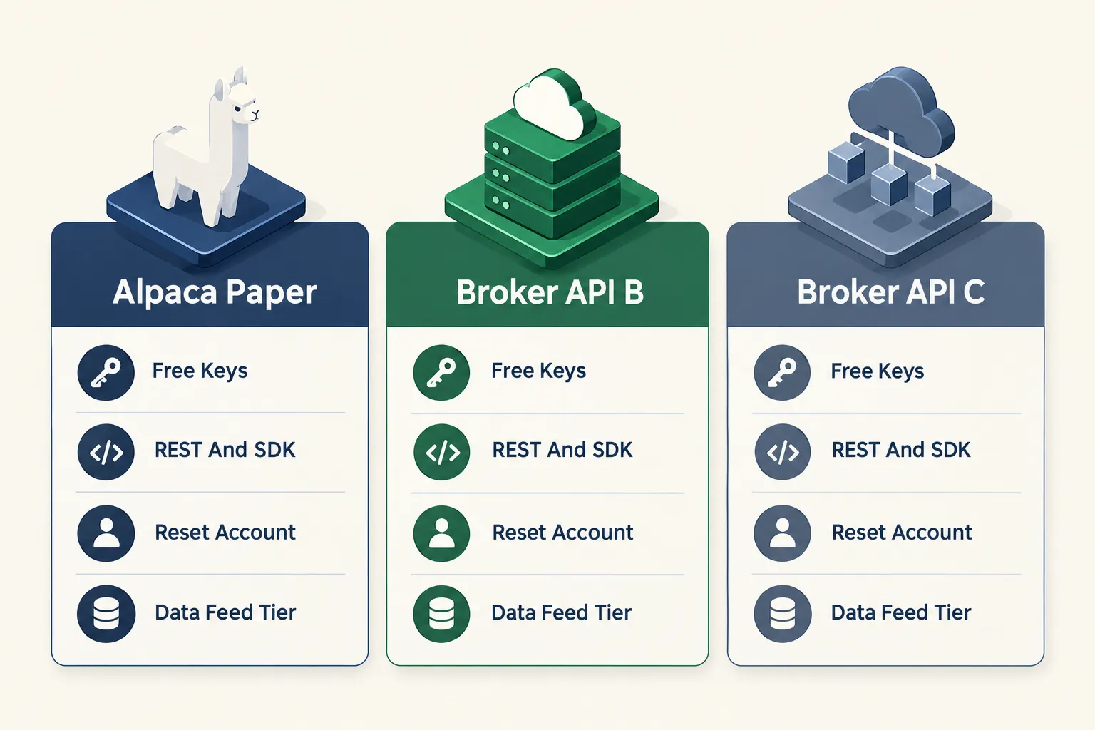 Three stacked cards compare Alpaca paper against two other broker APIs on free keys, REST and SDK support, account reset and data feed tier.