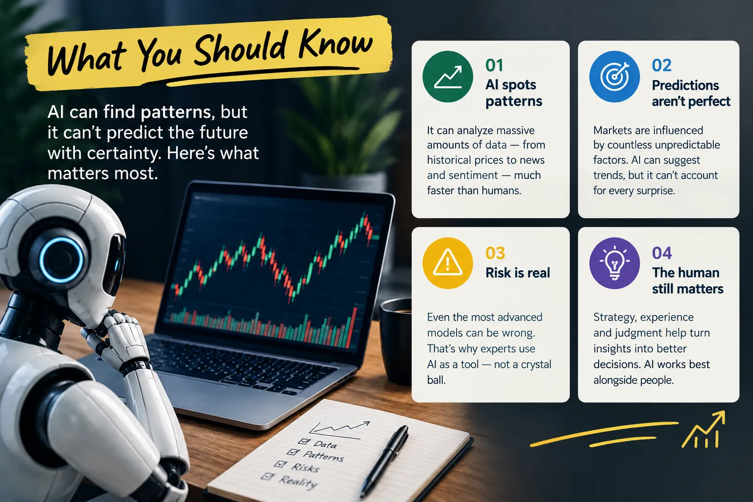 A four card summary beside a robot at a laptop: AI spots patterns, predictions are not perfect, risk is real, and the human still matters.