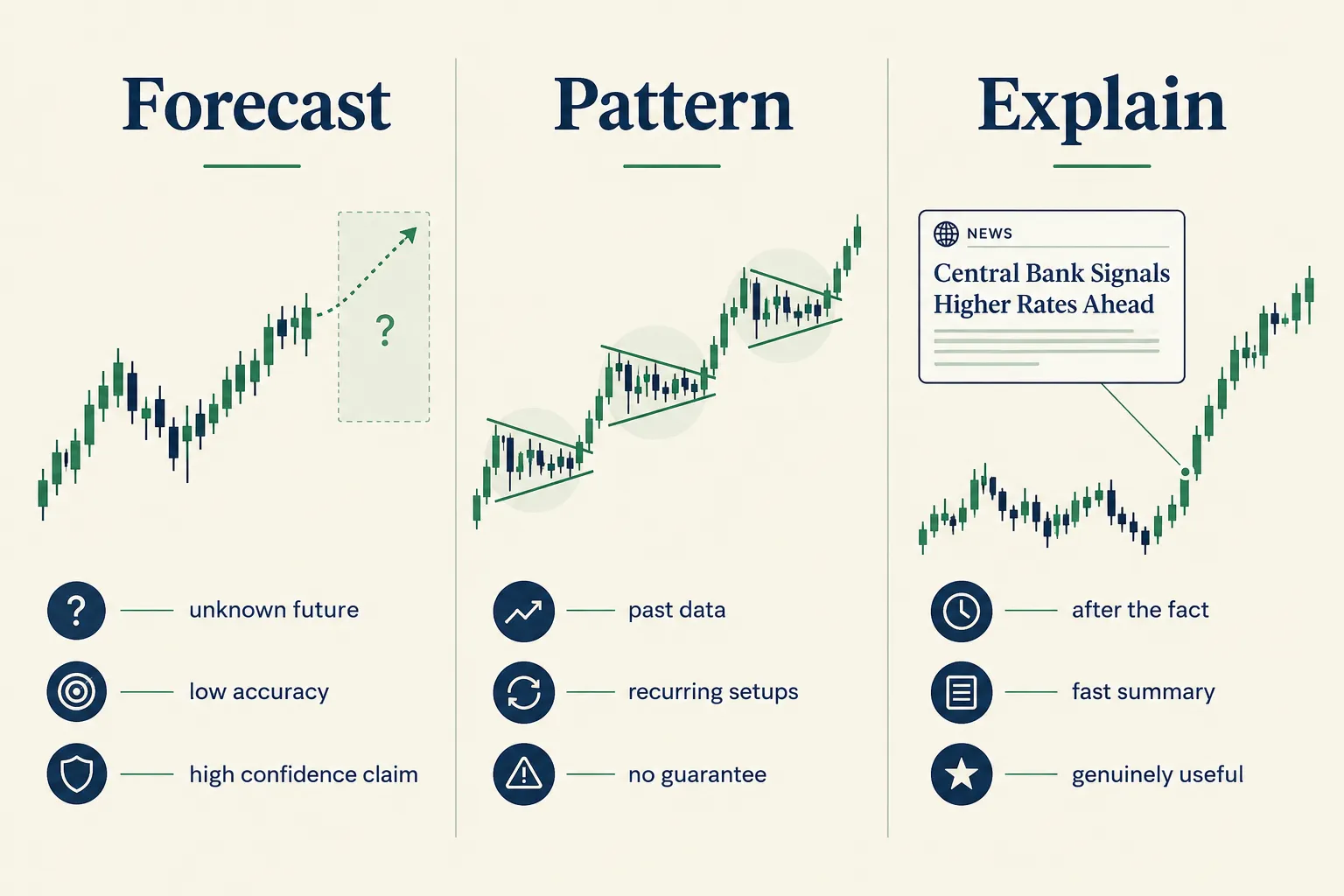Three candlestick panels labelled Forecast, Pattern and Explain, showing an unknown future with low accuracy, recurring setups from past data, and after the fact news summaries that are genuinely useful.