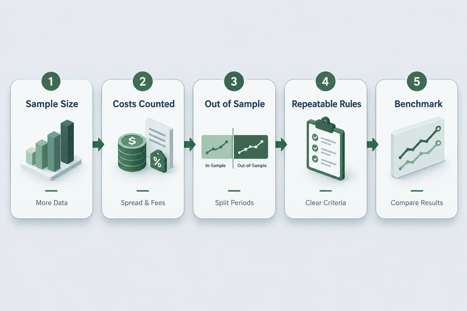 Five numbered cards for scoring a prediction claim: sample size, costs counted, out of sample testing, repeatable rules and a benchmark comparison.
