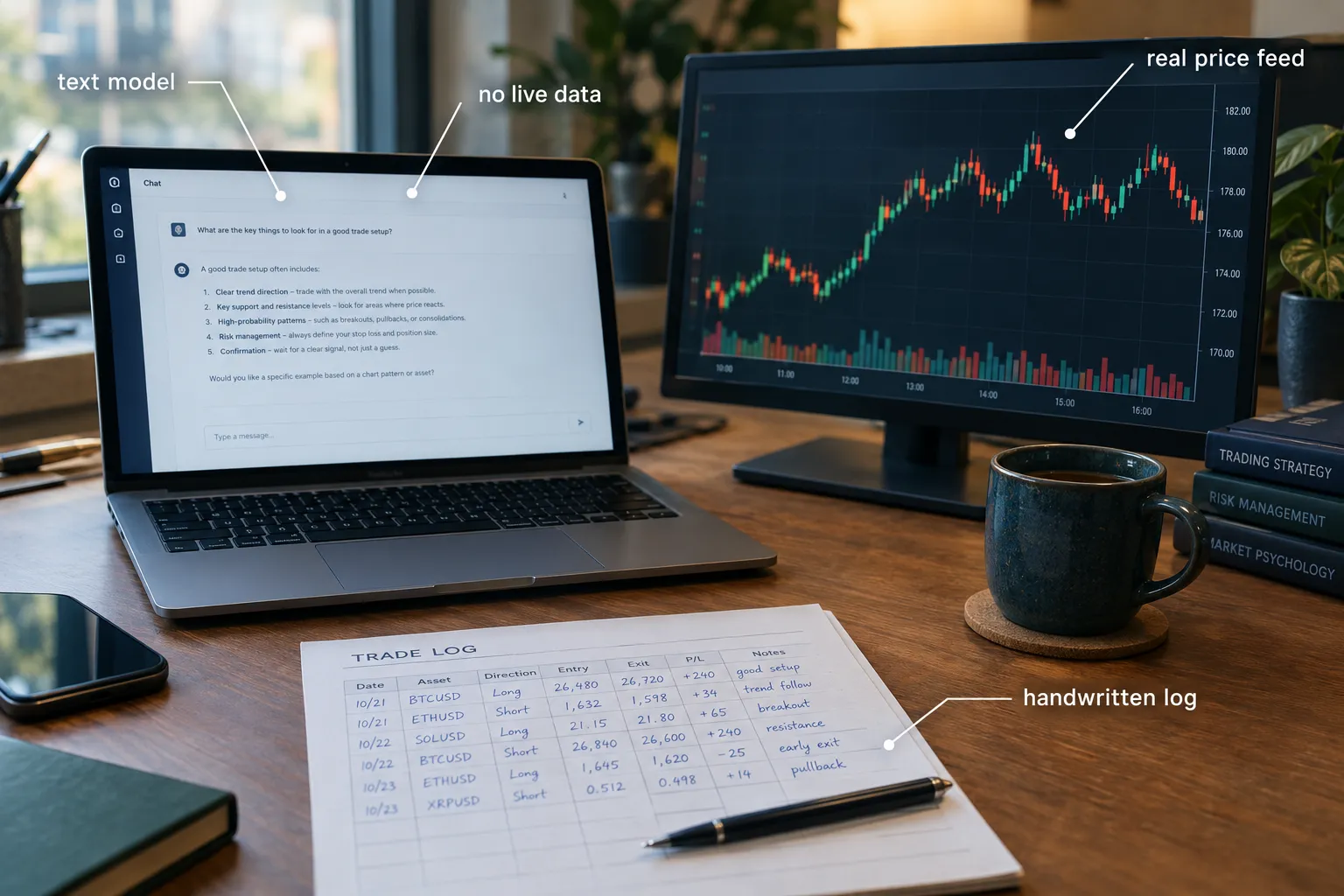 A desk with a chat window open on a laptop labelled text model and no live data, a separate monitor carrying the real price feed, and a handwritten trade log on paper.