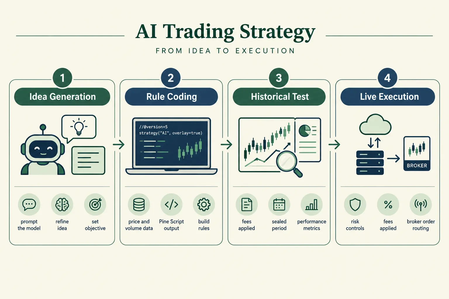Four summary cards beside a humanoid robot at a laptop, covering claimed outperformance, risk control, adaptability across timeframes and the value of systematic testing.