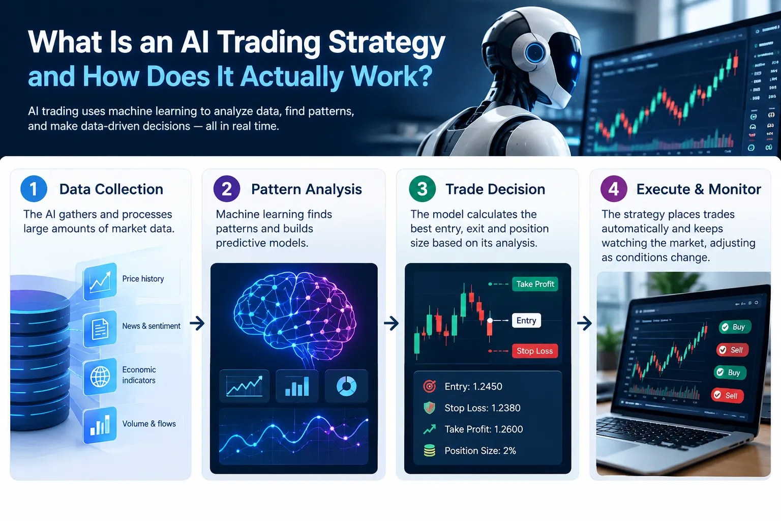 A four stage panel showing data collection, pattern analysis, a trade decision with entry, stop loss and position size, then execution and monitoring.