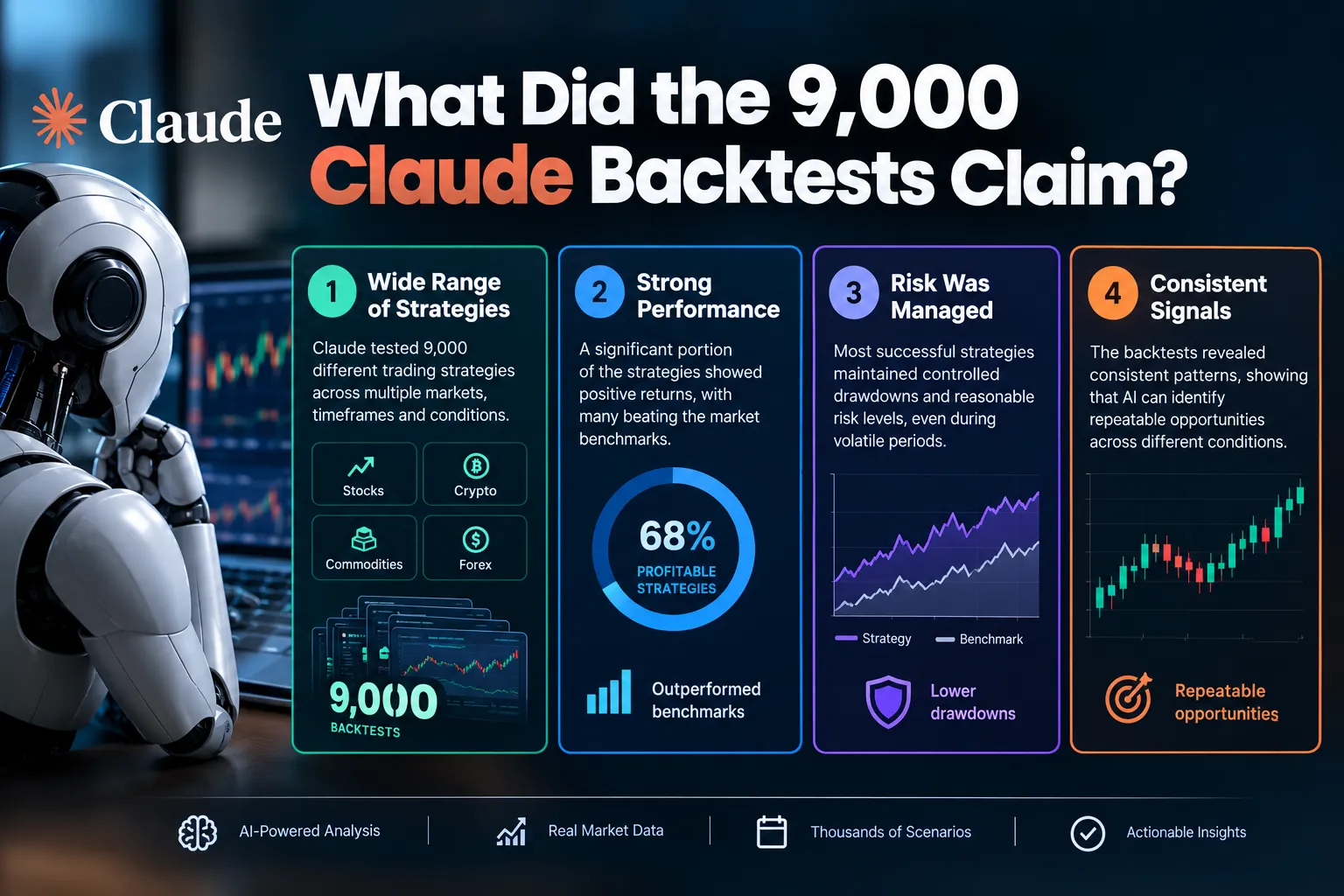 Four dark cards summarising the backtest claims: a wide range of strategies across stocks, crypto, commodities and forex, strong performance with a 68 percent profitable dial, managed drawdowns, and consistent signals.