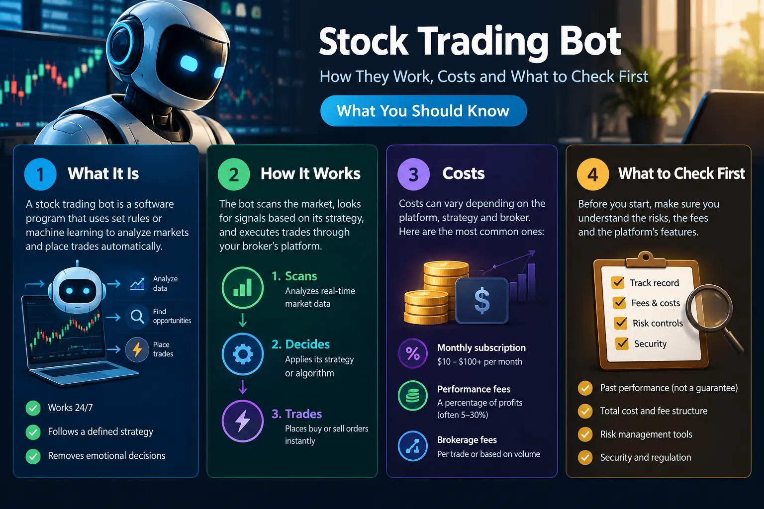Four dark panels summarising what a stock trading bot is, how it scans, decides and trades, the common cost layers of subscription, performance and brokerage fees, and what to check before funding one.