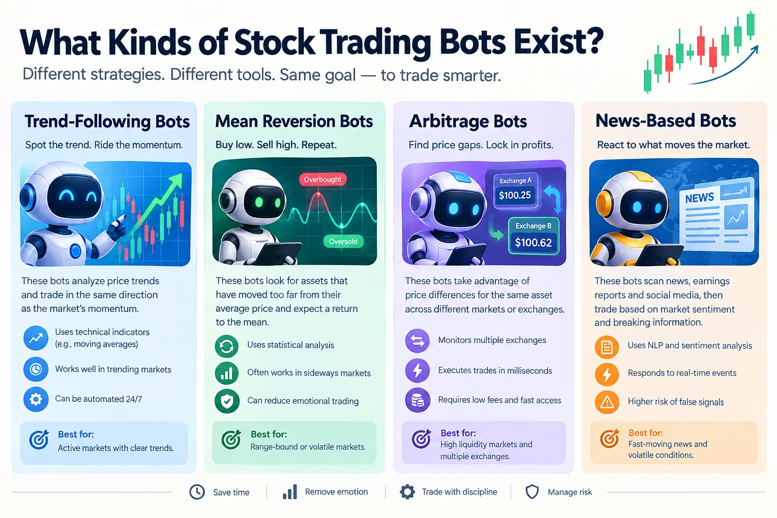Four coloured cards comparing trend following, mean reversion, arbitrage and news based bots, each with the indicators it uses and the market conditions it suits.