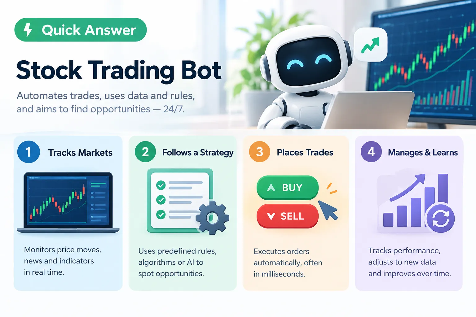 A four card explainer showing a bot tracking markets, following a strategy, placing buy and sell orders, then tracking performance and adjusting.