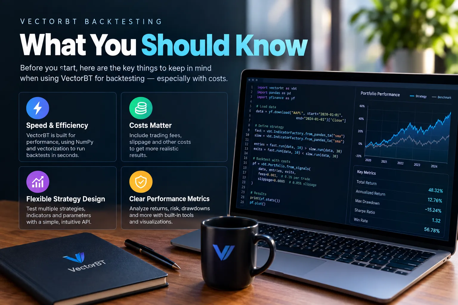Four cards on speed and vectorization, why costs matter, flexible strategy design and clear performance metrics, beside a laptop running VectorBT code with a results table.