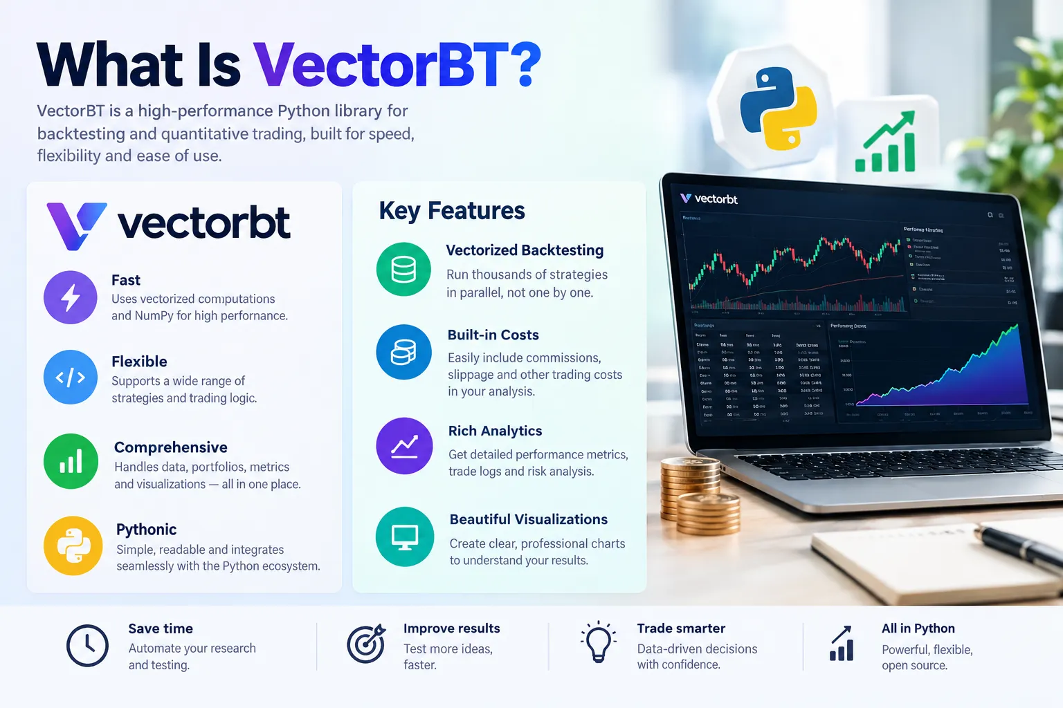 An overview panel describing VectorBT as a fast, flexible Python library, listing vectorized backtesting, built in costs, rich analytics and chart output.