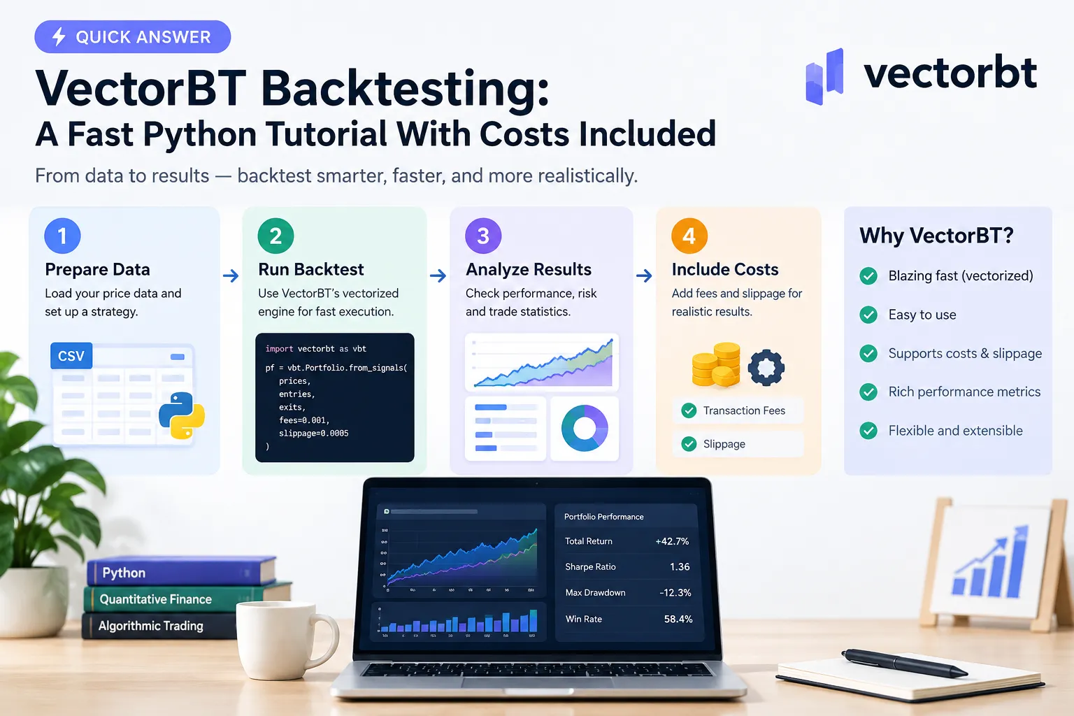 A four step flow from preparing CSV price data to running the vectorized backtest, analysing results, and adding transaction fees and slippage, with a sample results panel.