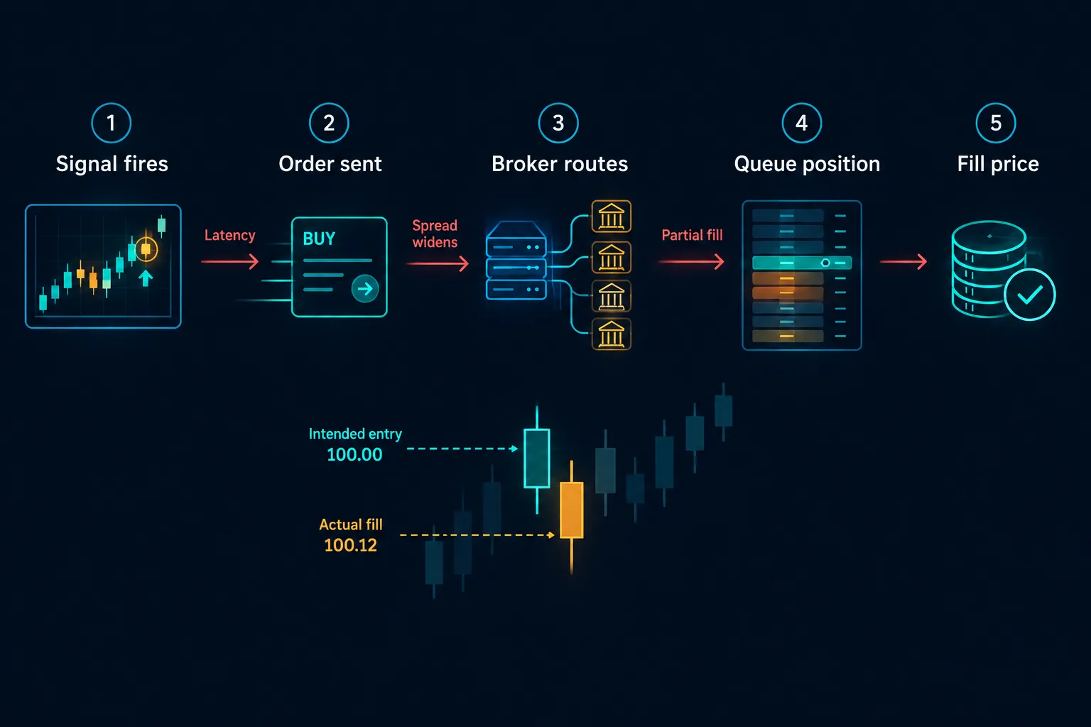 A five step order path from signal to fill, showing latency, a widening spread, broker routing, queue position and partial fills, with an intended entry of 100.00 filling at 100.12.