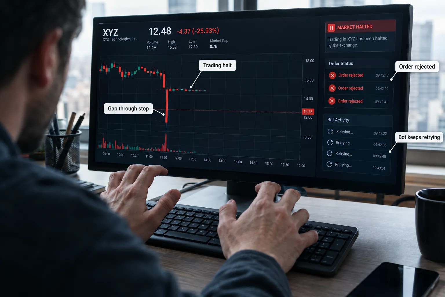 A trader watches a stock drop 25 percent and halt, with the chart marking a gap through the stop while the order panel stacks rejected orders and the bot keeps retrying.