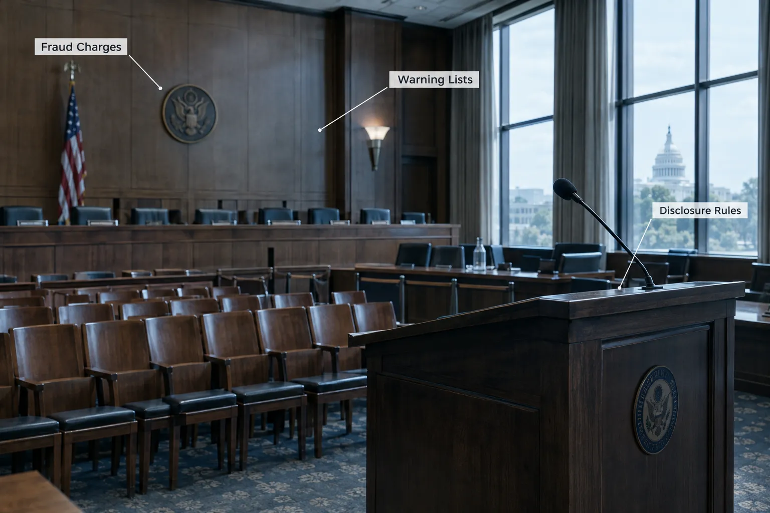 An empty federal hearing room with a witness lectern, labelled with fraud charges, warning lists and disclosure rules.