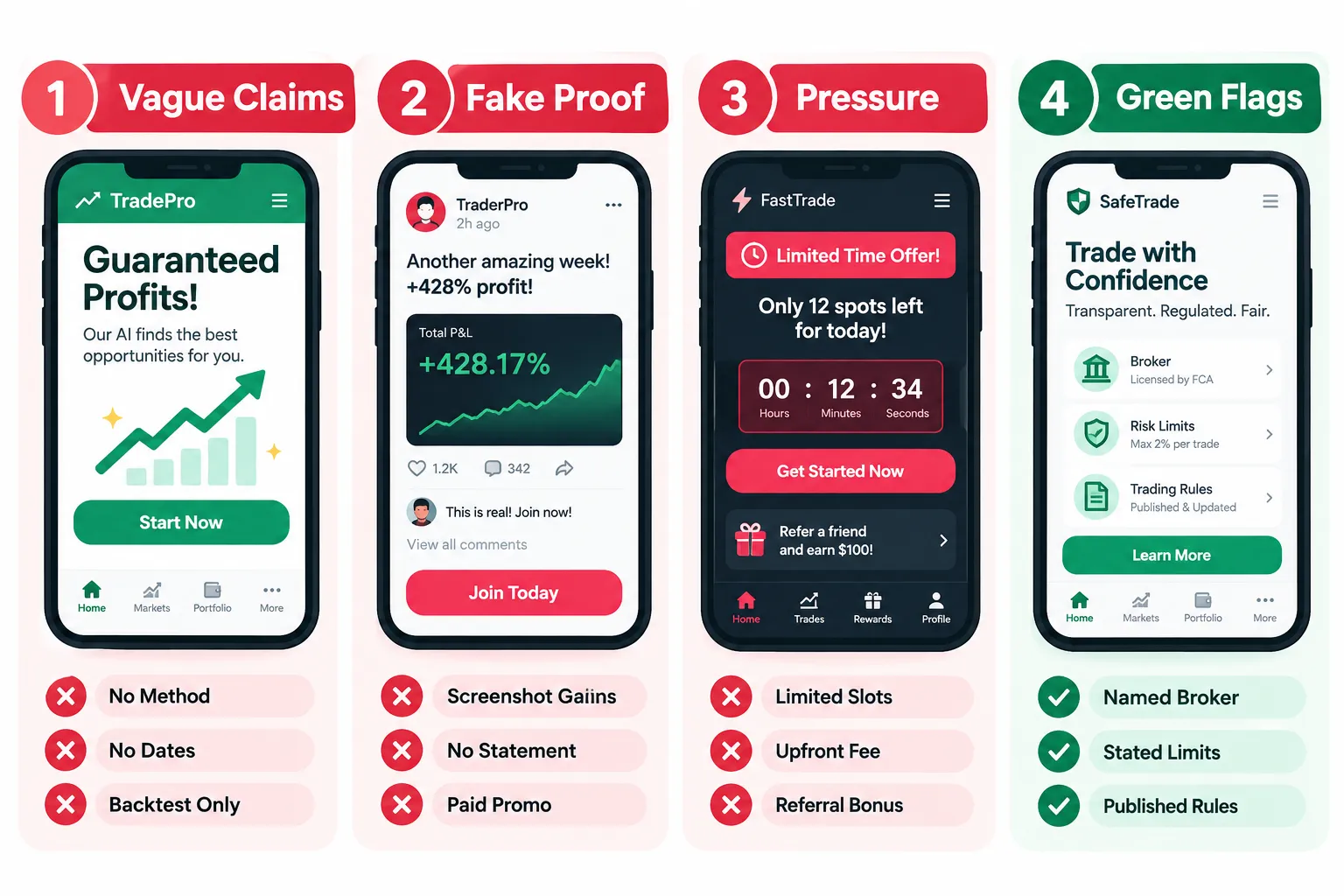 Four phone screens showing vague profit claims, screenshot only proof, countdown pressure tactics, and the green flags of a named broker, stated limits and published rules.