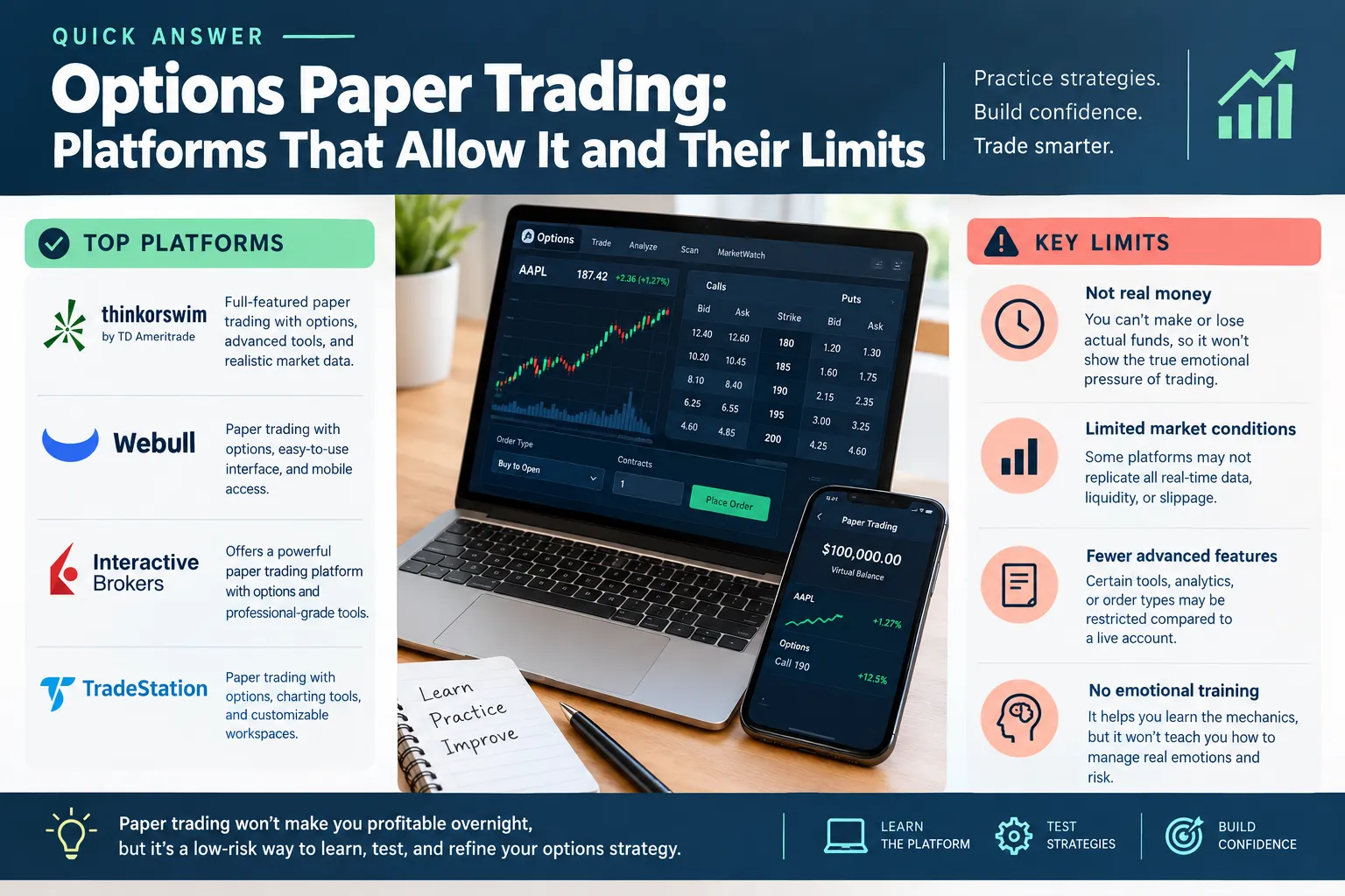 Summary card listing thinkorswim, Webull, Interactive Brokers and TradeStation as top paper options platforms, beside four key limits including no real money and fewer advanced features.