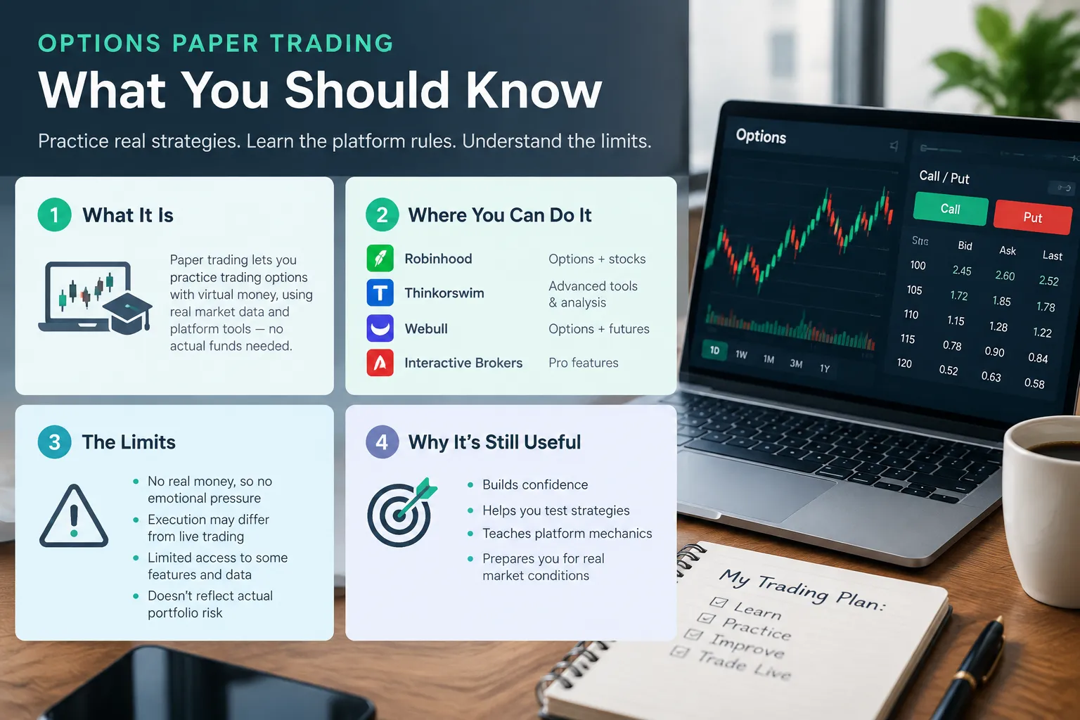 Four panel graphic explaining what options paper trading is, which brokers offer it, the limits it carries and why it is still useful.