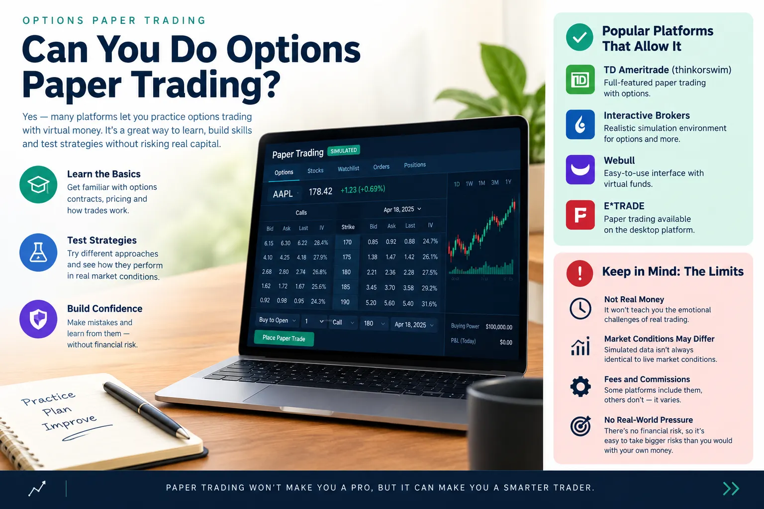 Explainer panel answering whether you can paper trade options, with three learning steps and a sidebar of platforms that allow it alongside their limits.
