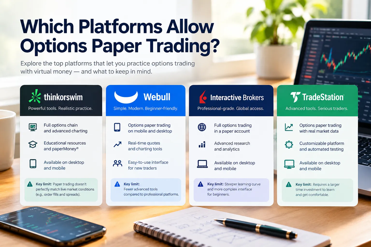 Four column comparison card showing options paper trading features and one key limit each for thinkorswim, Webull, Interactive Brokers and TradeStation.