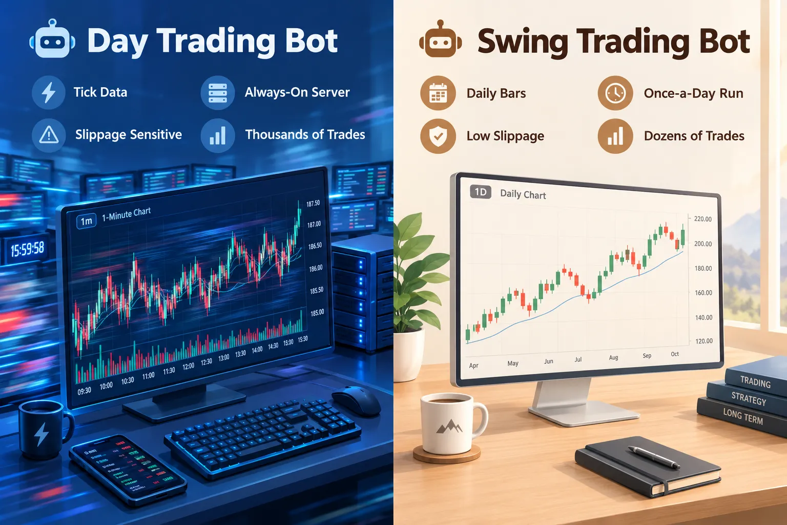 Split image contrasting a day trading bot on tick data and a one minute chart with a swing trading bot that runs once a day on daily bars.