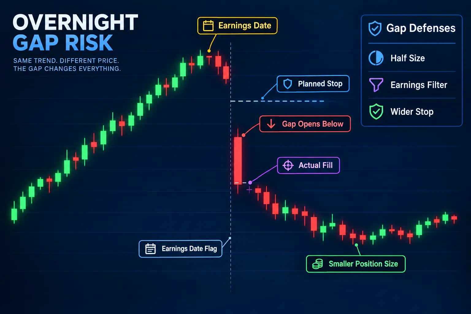 Candlestick chart where price gaps below the planned stop after an earnings date, with the actual fill marked and gap defenses listed as half size, earnings filter and wider stop.