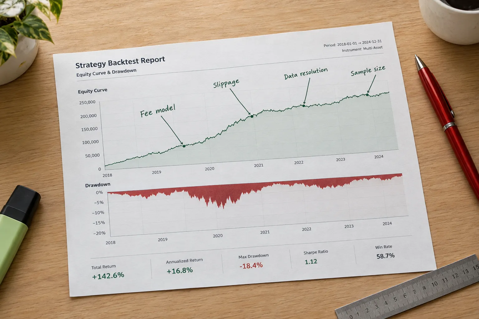 Printed strategy backtest report on a desk showing an equity curve and drawdown chart, hand annotated with fee model, slippage, data resolution and sample size.