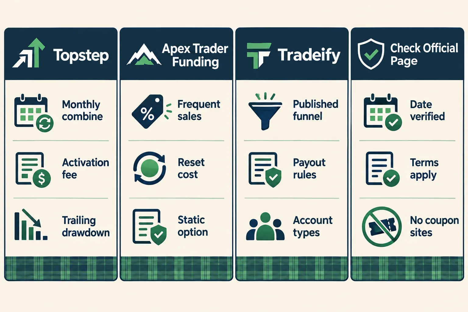 Four column card comparing Topstep, Apex Trader Funding and Tradeify on fees, resets and drawdown type, with a fourth column on checking the official page.