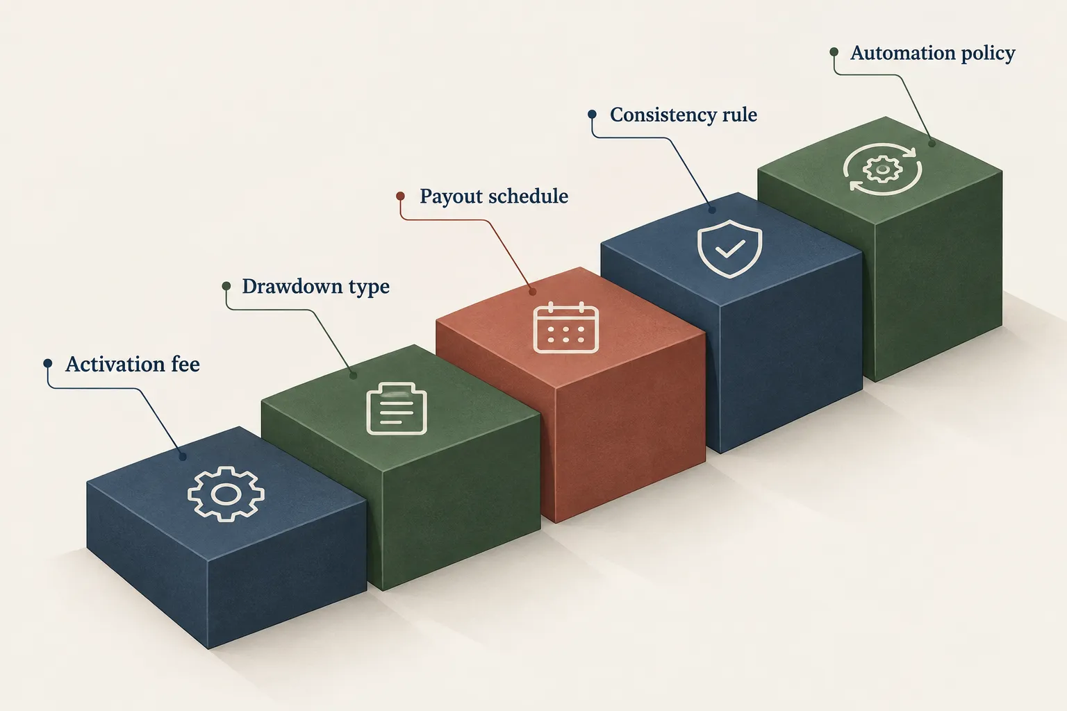 Five stacked blocks labelled activation fee, drawdown type, payout schedule, consistency rule and automation policy.