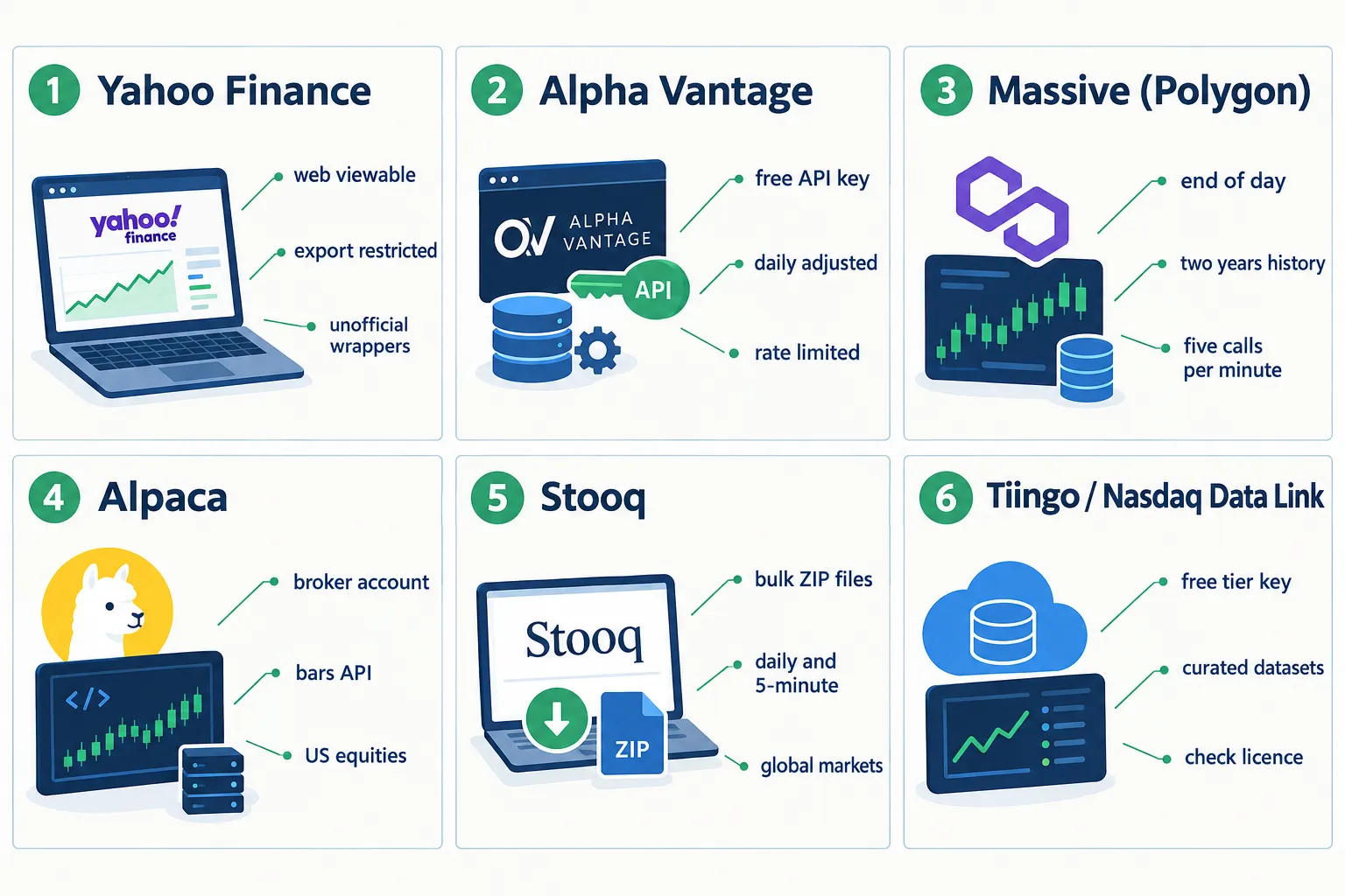 Six panel guide to free data sources: Yahoo Finance, Alpha Vantage, Massive formerly Polygon, Alpaca, Stooq and Tiingo or Nasdaq Data Link, each with its main limits.