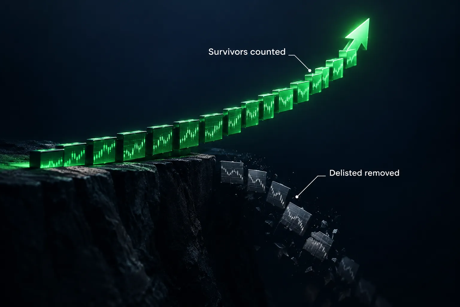 Survivorship bias shown as a rising bridge of green candles labelled survivors counted, while faded delisted candles fall away into the dark below.