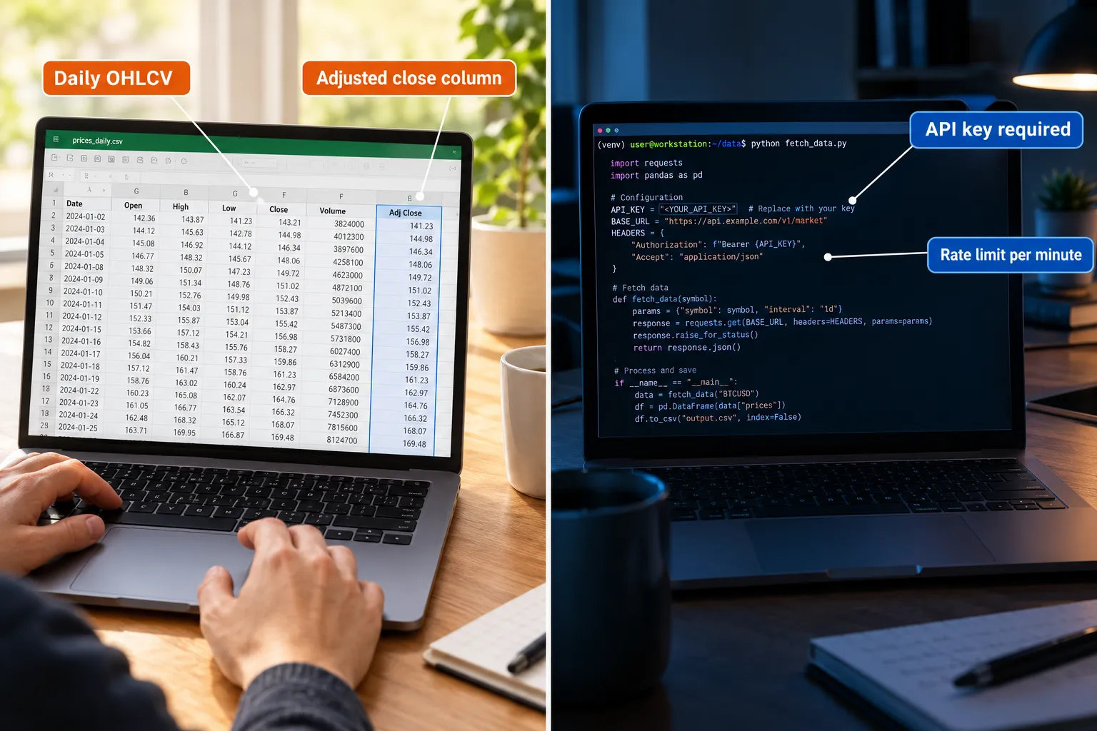 Split image of a daily OHLCV spreadsheet with its adjusted close column labelled, beside a Python script annotated as needing an API key and a per minute rate limit.