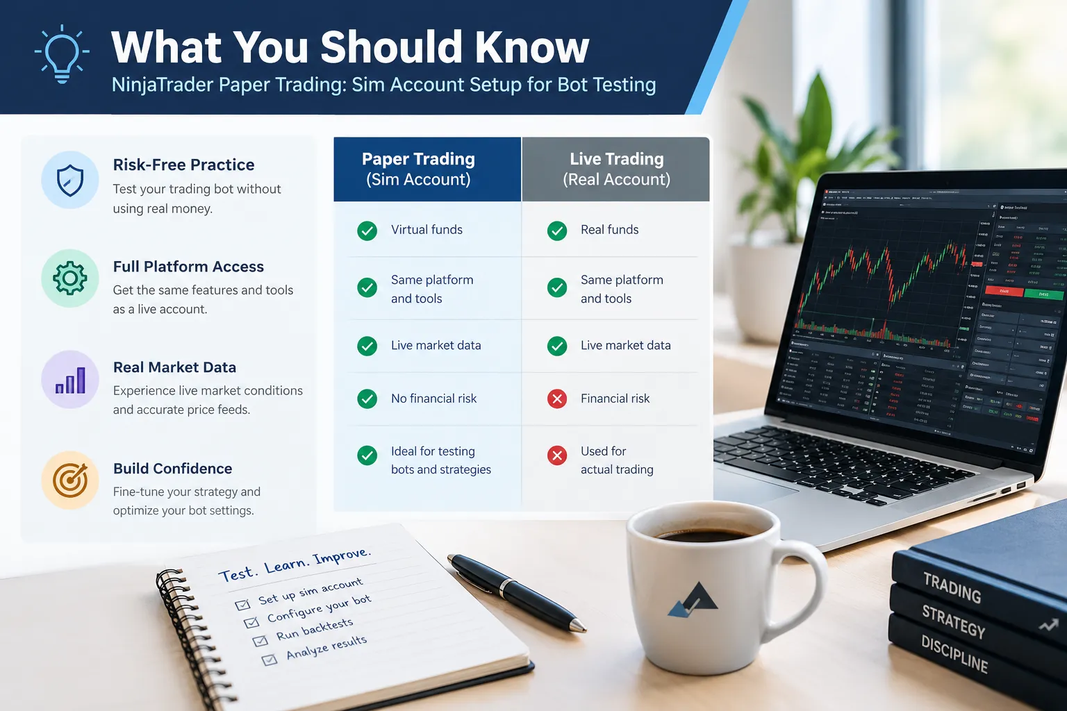 Side by side table comparing a NinjaTrader sim account with a live account across funds used, platform access, market data and financial risk.