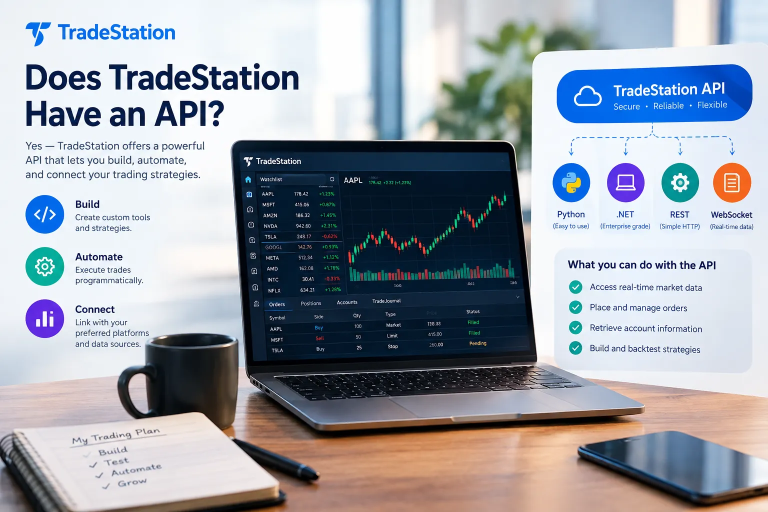 Explainer panel on the TradeStation API showing Python, .NET, REST and WebSocket access routes and a list of what the API can do.
