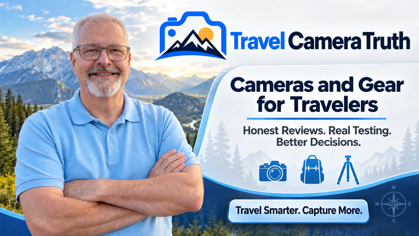 Tony Big T beside Travel Camera Truth camera and travel gear branding against a mountain landscape.