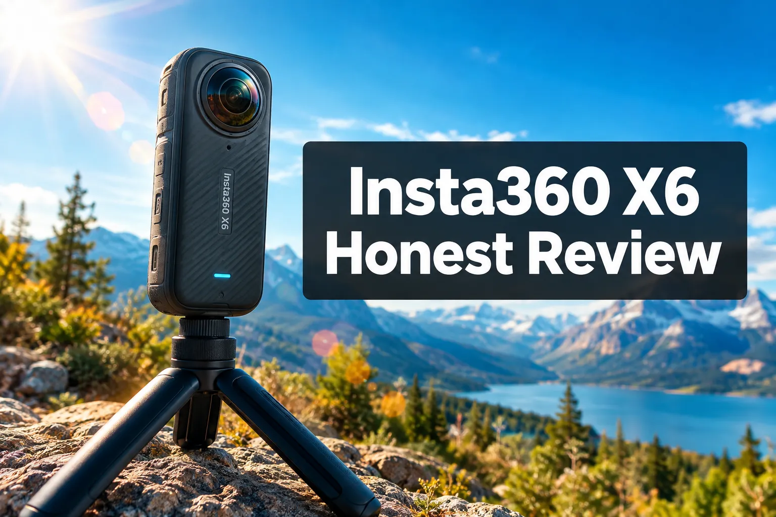 Professional () hero image with (≤42 chars): 'Insta360 X6 Honest Review', white on a dark charcoal panel, centered with 8%