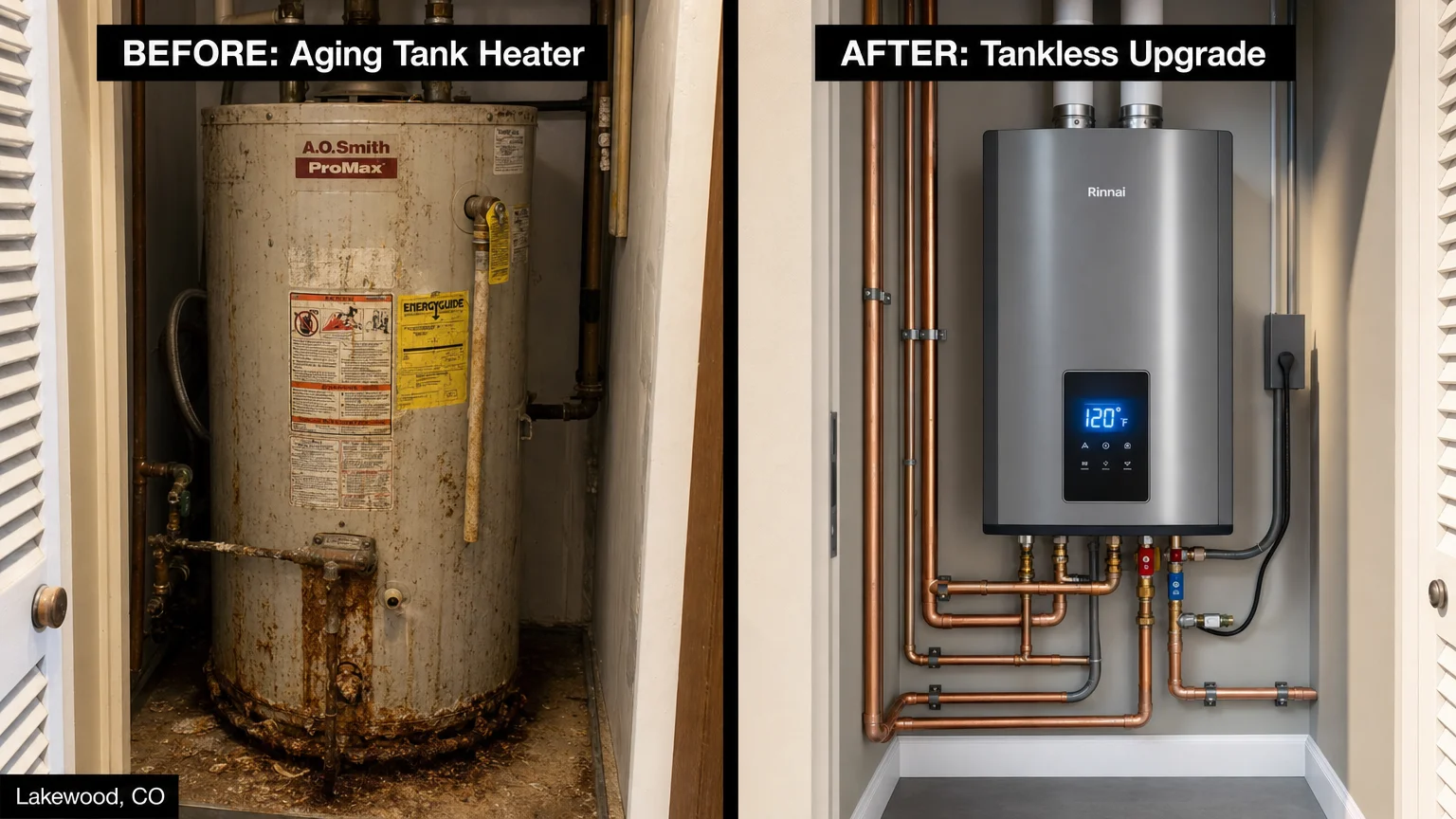 Split-frame before-and-after comparison Left half labeled BEFORE Aging Water Heater Repair Lakewood Lakewood