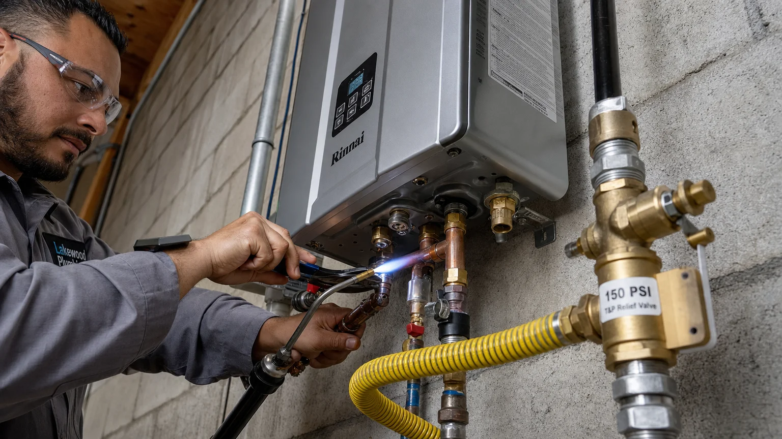 Photorealistic action taken from low angle looking licensed Water Heater Repair Lakewood Lakewood