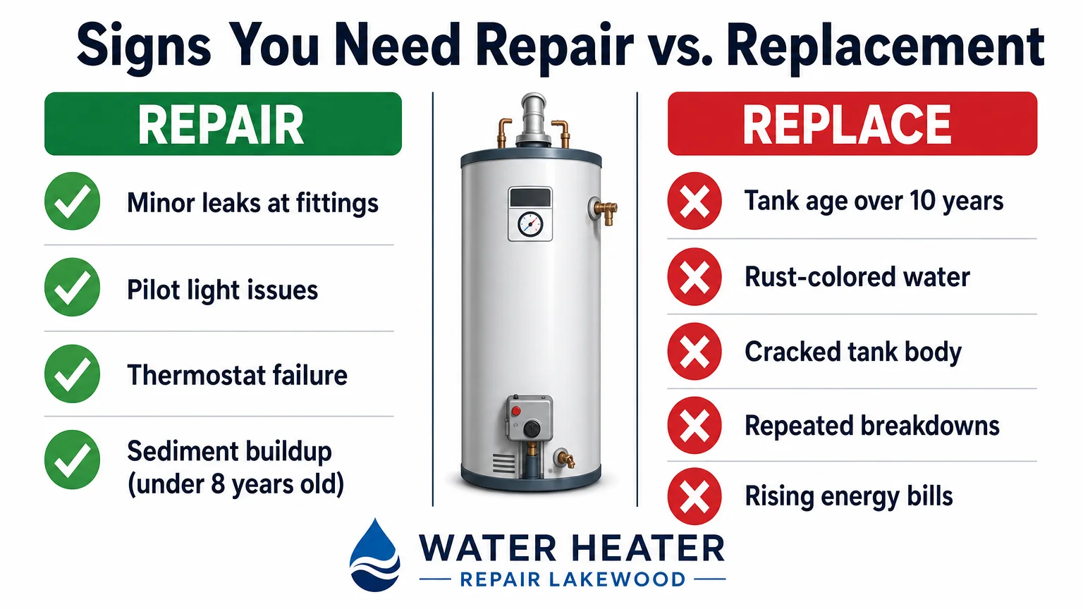 clean infographic diagram titled Signs You Need Repair Water Heater Repair Lakewood Lakewood