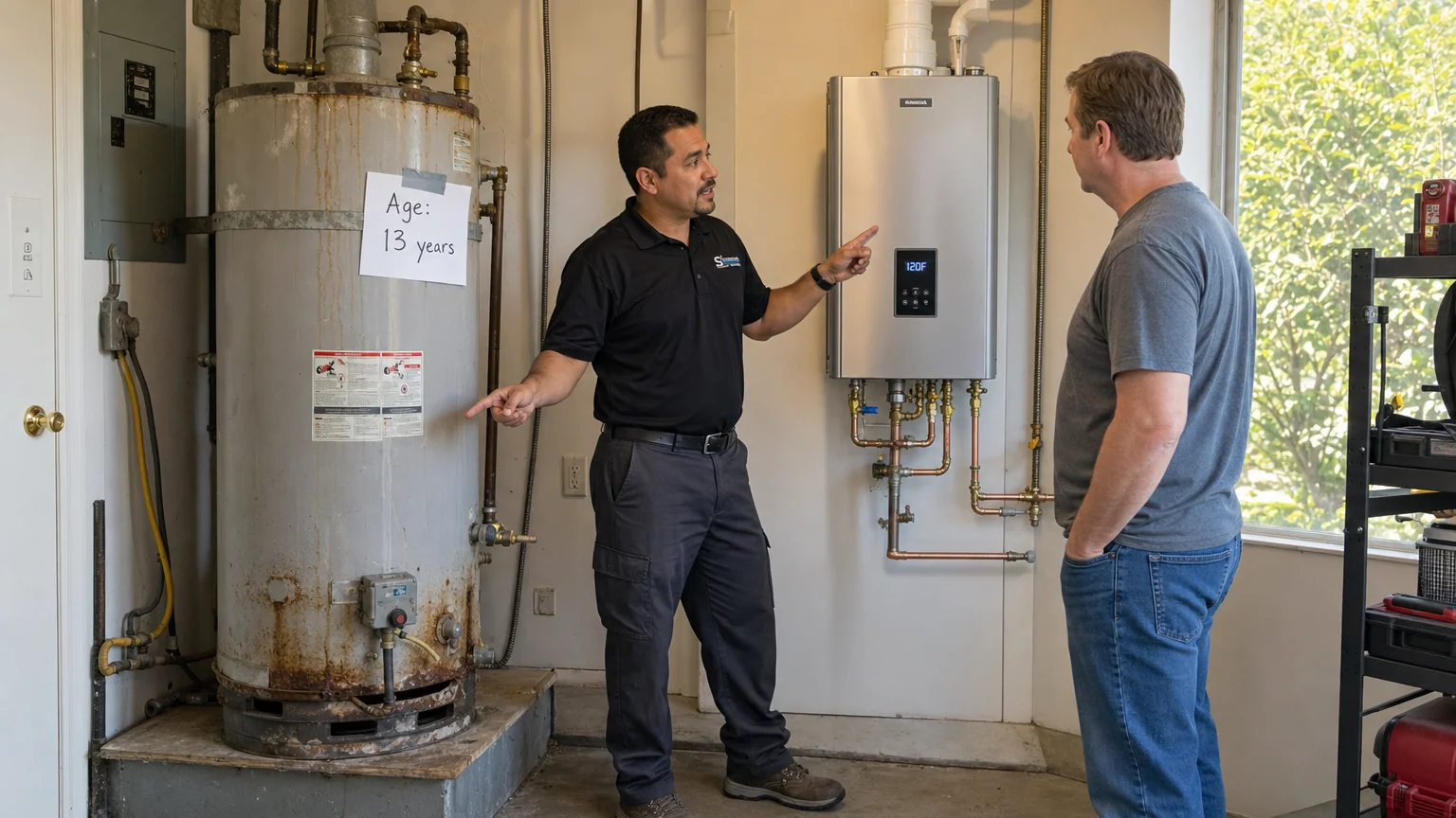 Photorealistic wide-angle scene inside Lakewood CA home garage Water Heater Repair Lakewood Lakewood