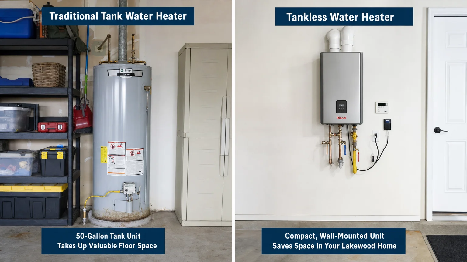 photorealistic side-by-side comparison 16 9 landscape format LEFT Water Heater Repair Lakewood Lakewood
