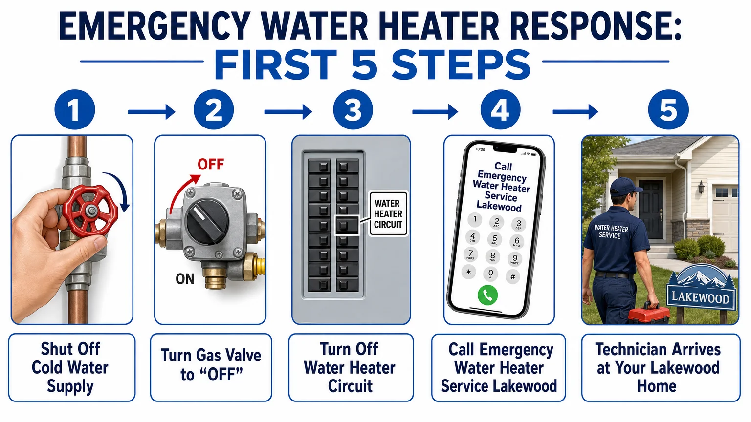 Infographic diagram titled Emergency Water Heater Response First Water Heater Repair Lakewood Lakewood