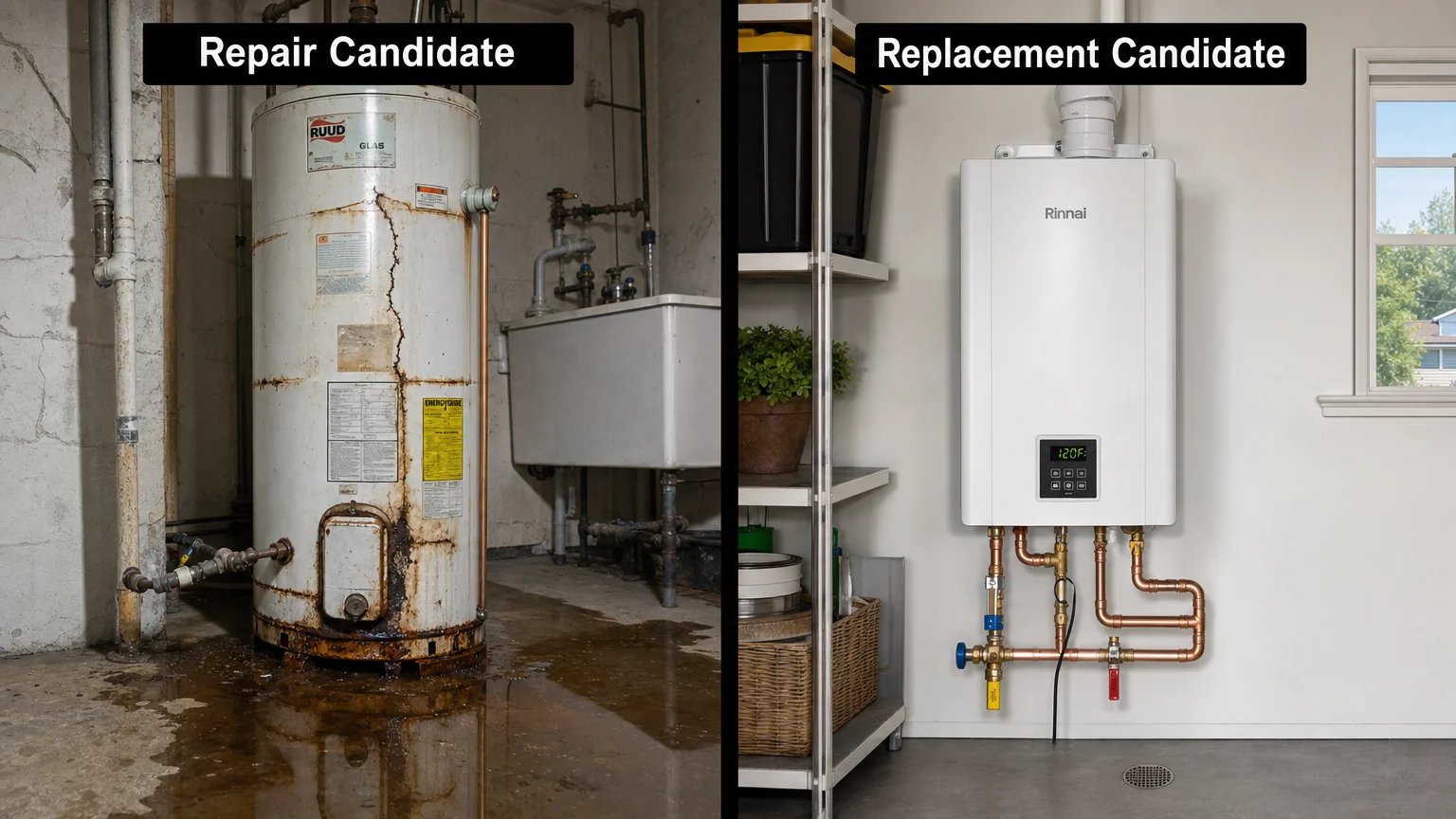 Photorealistic split-frame comparison Left side shows leaking traditional Water Heater Repair Lakewood Lakewood