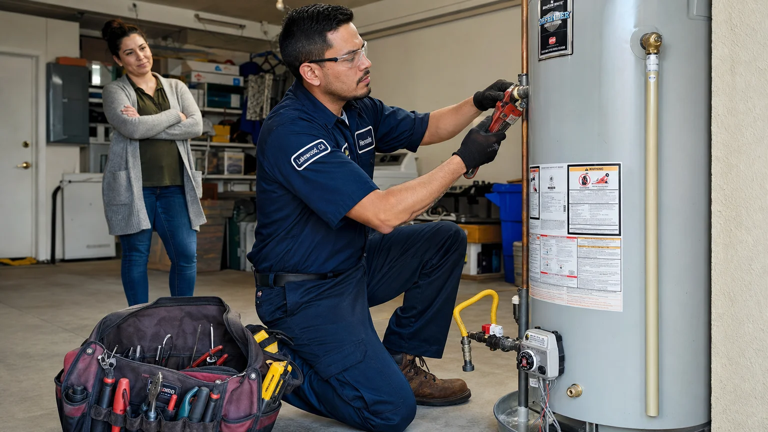 Photorealistic action uniformed water heater technician Lakewood CA Water Heater Repair Lakewood Lakewood