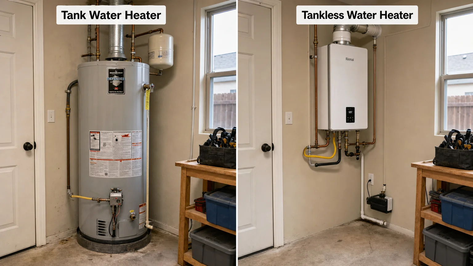 photorealistic before-and-after split-frame comparison 16 9 landscape LEFT Water Heater Repair Lakewood Lakewood