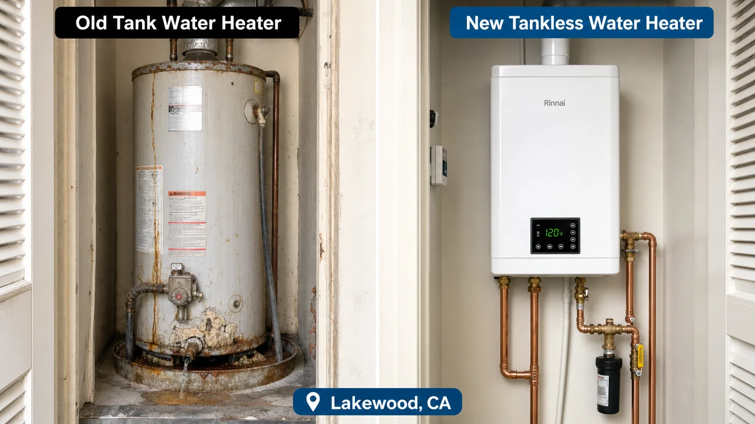 photorealistic before-and-after split-frame comparison 16 9 landscape LEFT Water Heater Repair Lakewood Lakewood
