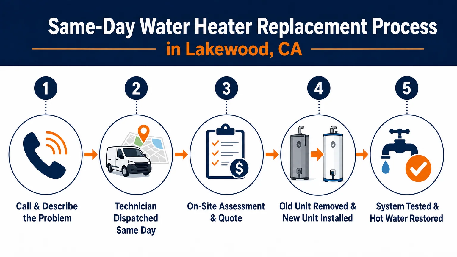 Clean infographic 16 9 landscape format showing step-by-step Water Heater Repair Lakewood Lakewood