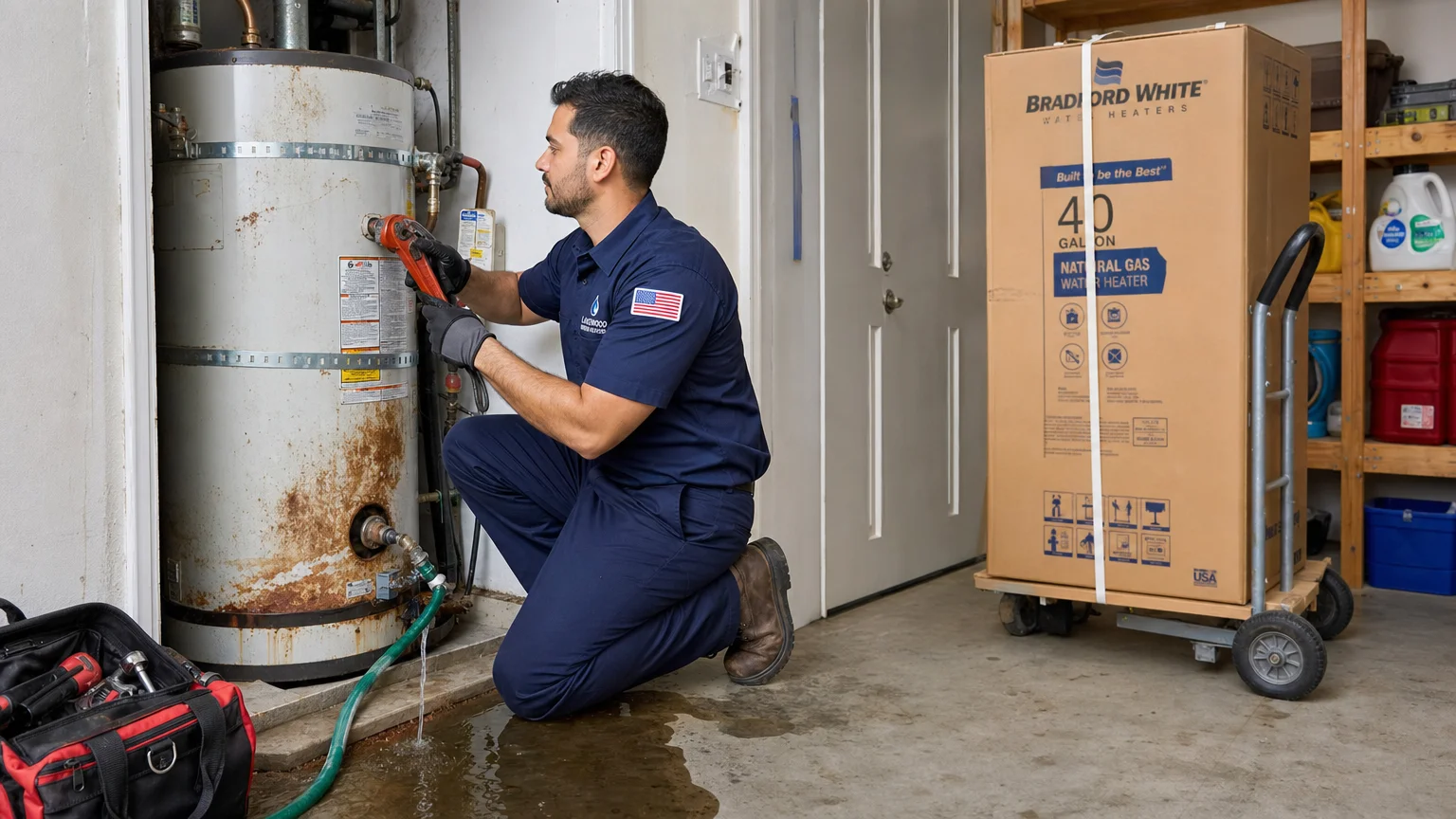 Photorealistic action licensed water heater technician Lakewood CA Water Heater Repair Lakewood Lakewood
