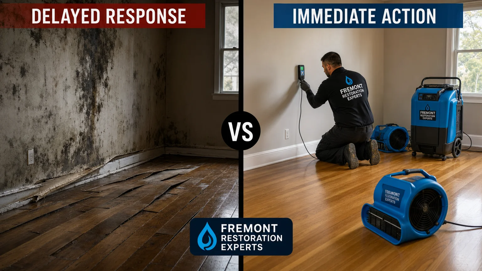 split-frame before-and-after comparison LEFT side shows Fremont home Fremont Restoration Experts Fremont