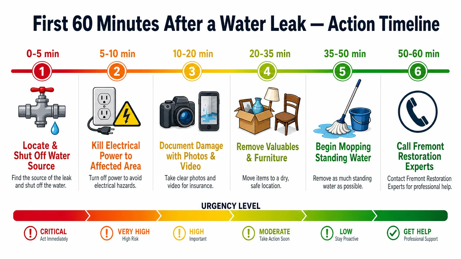 clean infographic titled First 60 Minutes After Water Fremont Restoration Experts Fremont