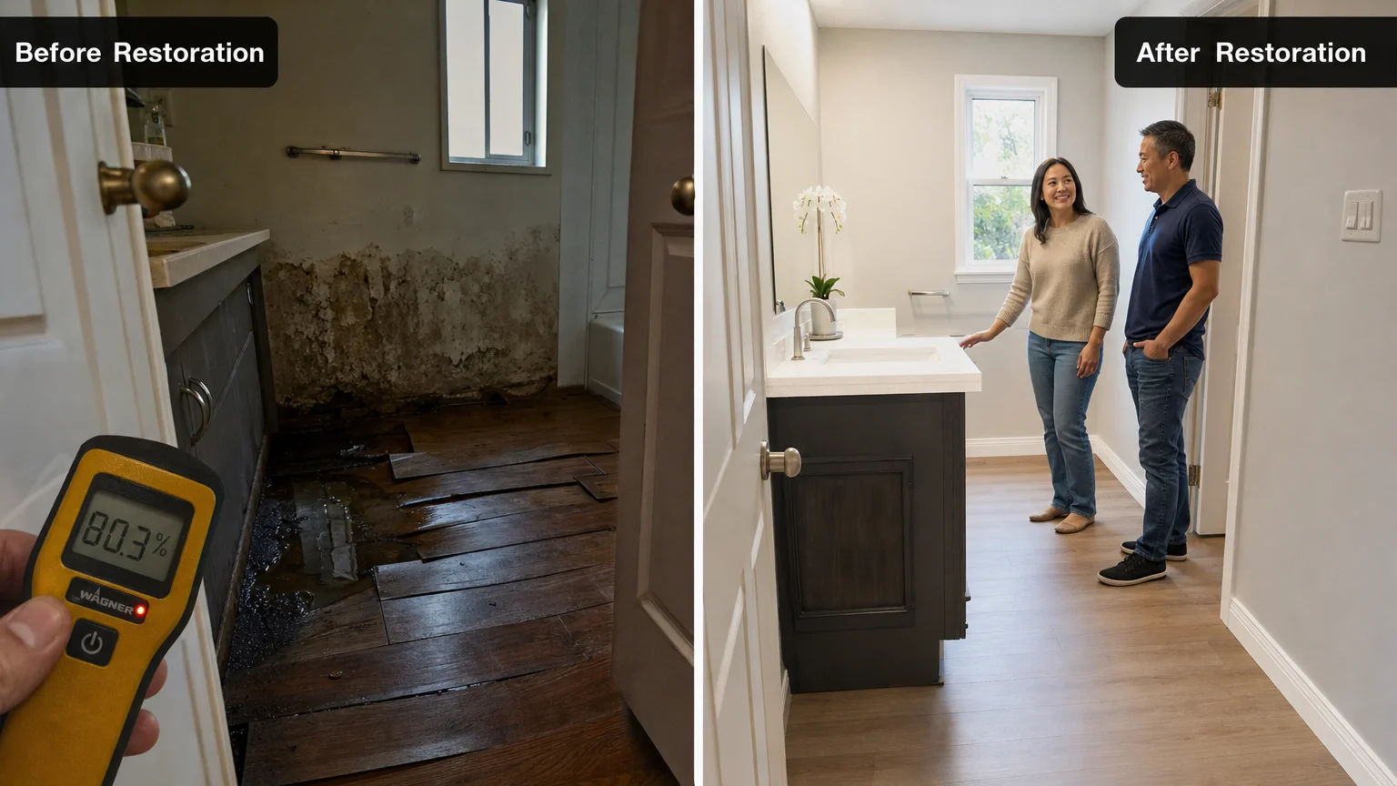 Photorealistic split-frame before-and-after comparison set inside Fremont CA Fremont Restoration Experts Fremont